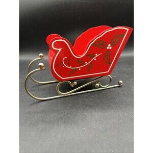 Vintage Red Wooden Decorative Christmas Sleigh With Gold Accents H 5.5” W7”